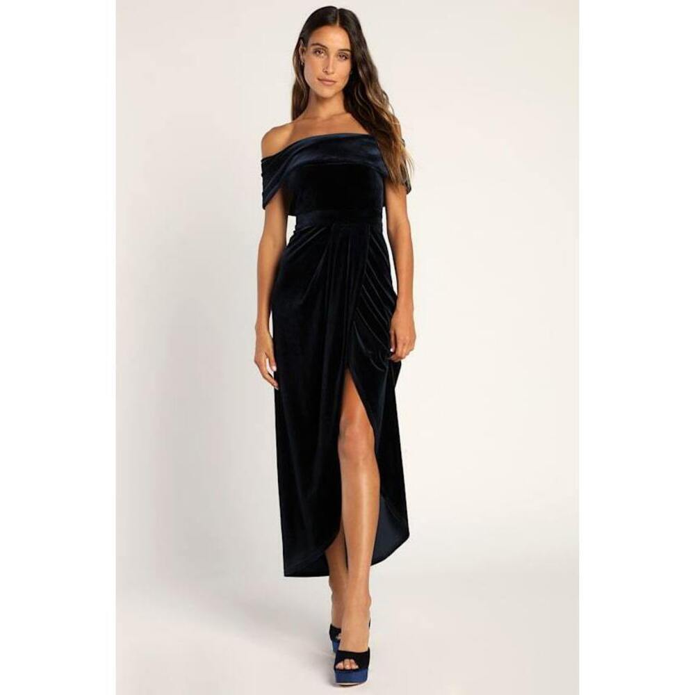 Lulus I'm Enchanted Navy Blue Velvet Off-the-shoulder Maxi Dress - Size XL